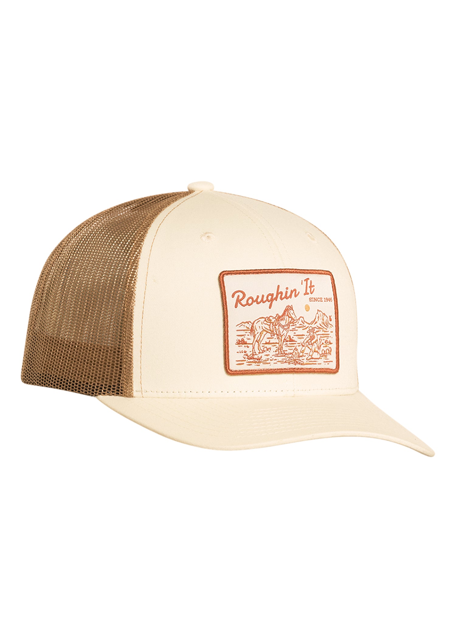 Beige and brown trucker hat with 'Roughin It' logo on a white background