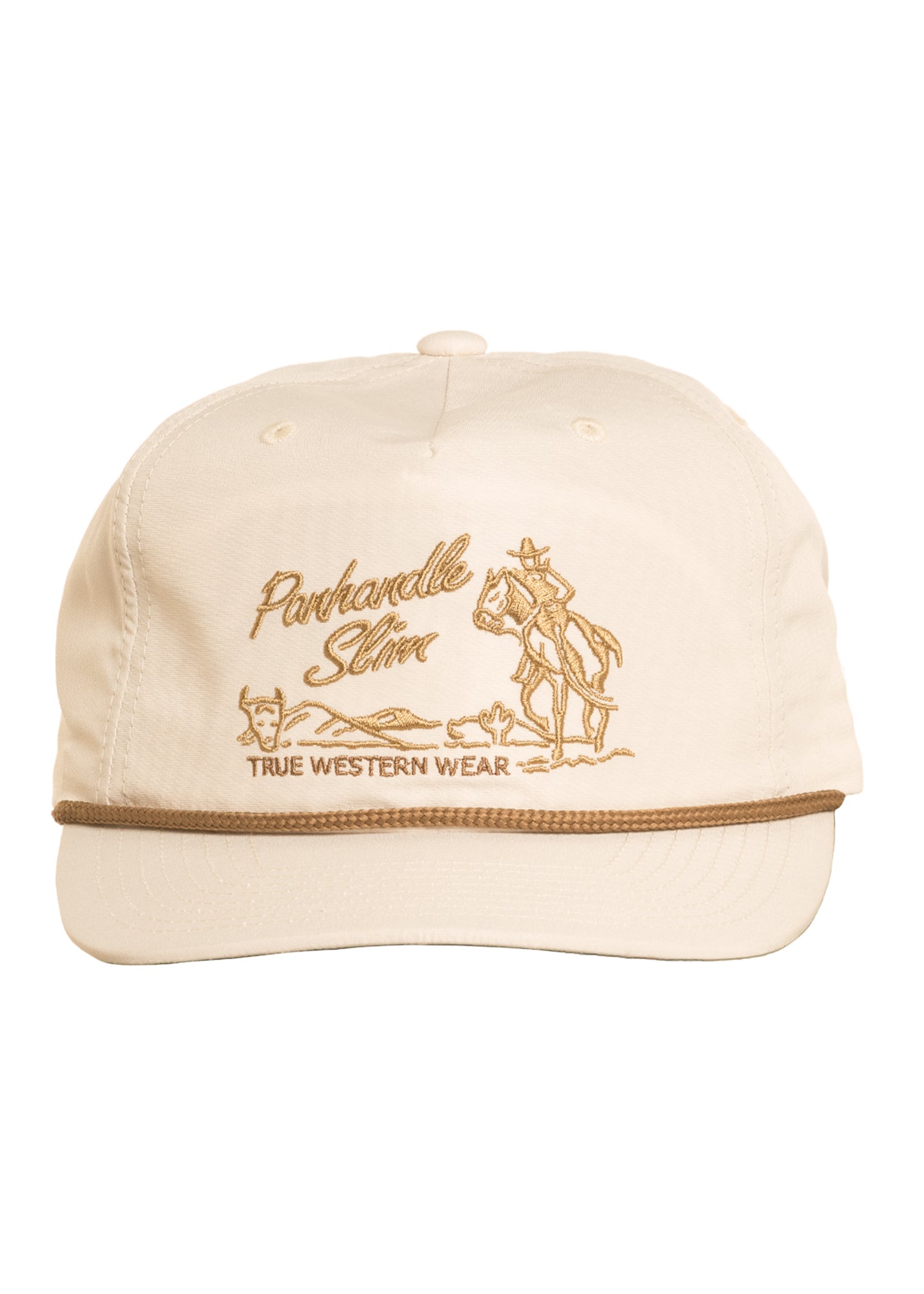Beige cap with embroidered design and text on a white background