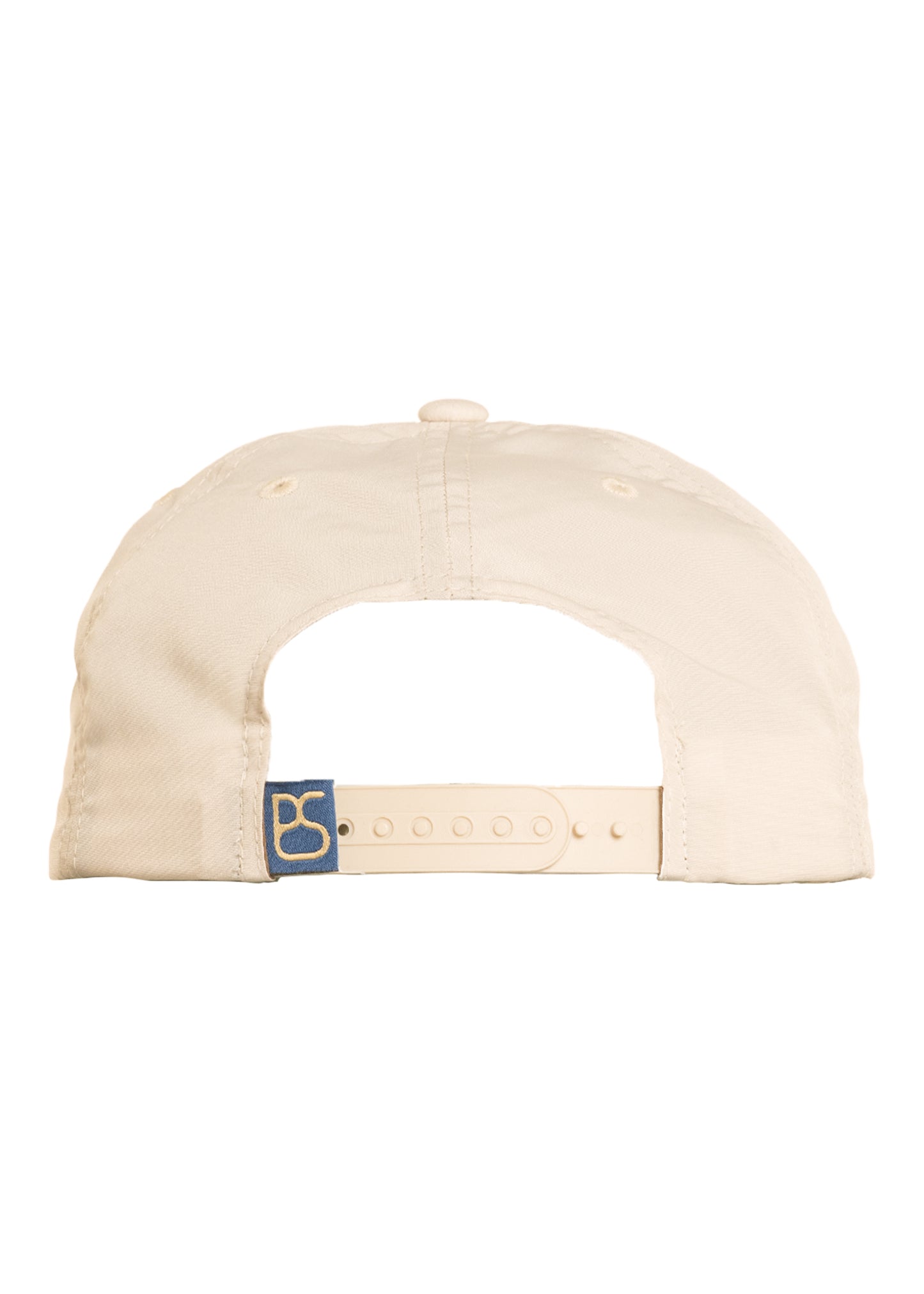 Beige cap with a blue and gold logo on a white background