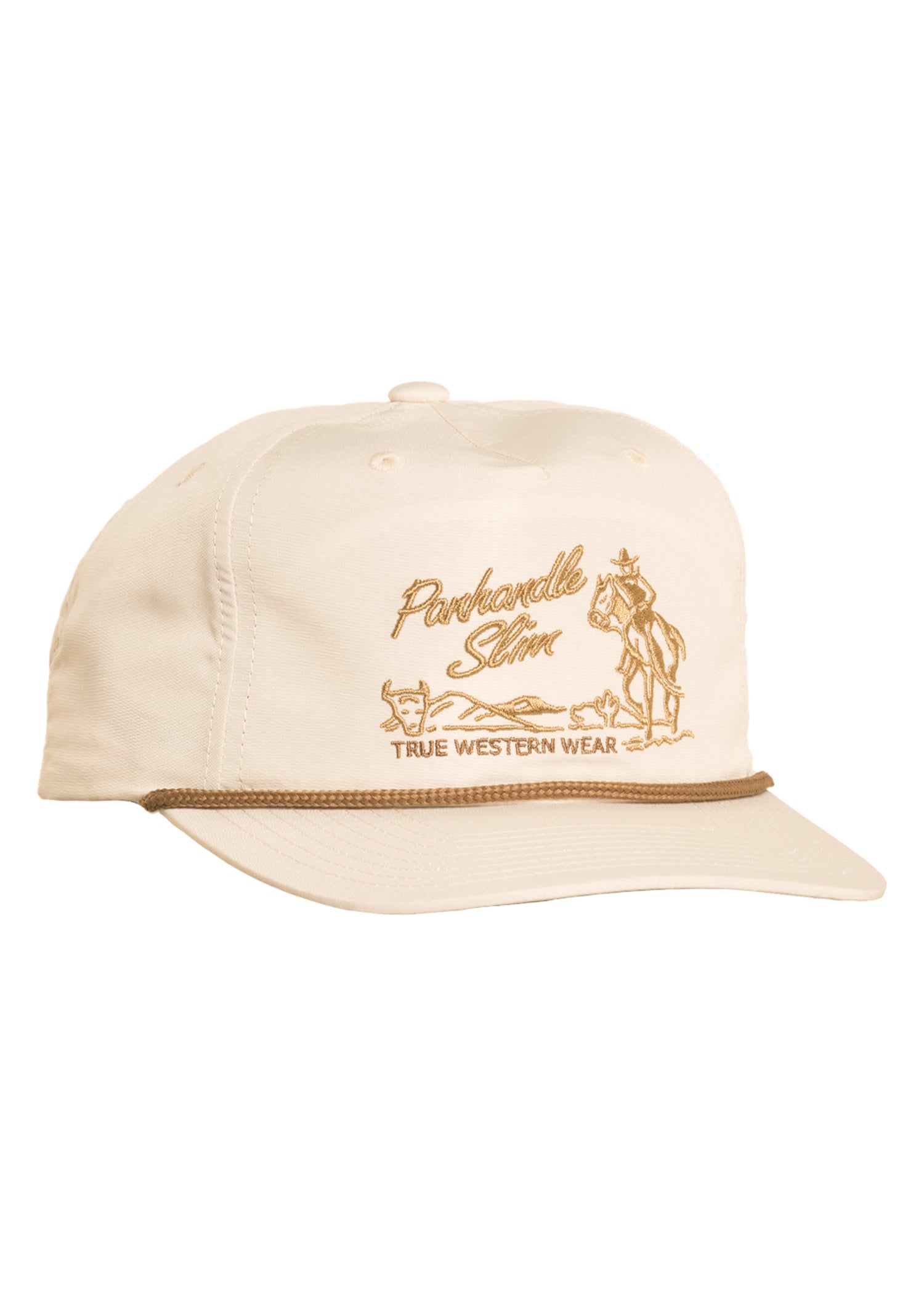 Beige cap with embroidered design on a white background