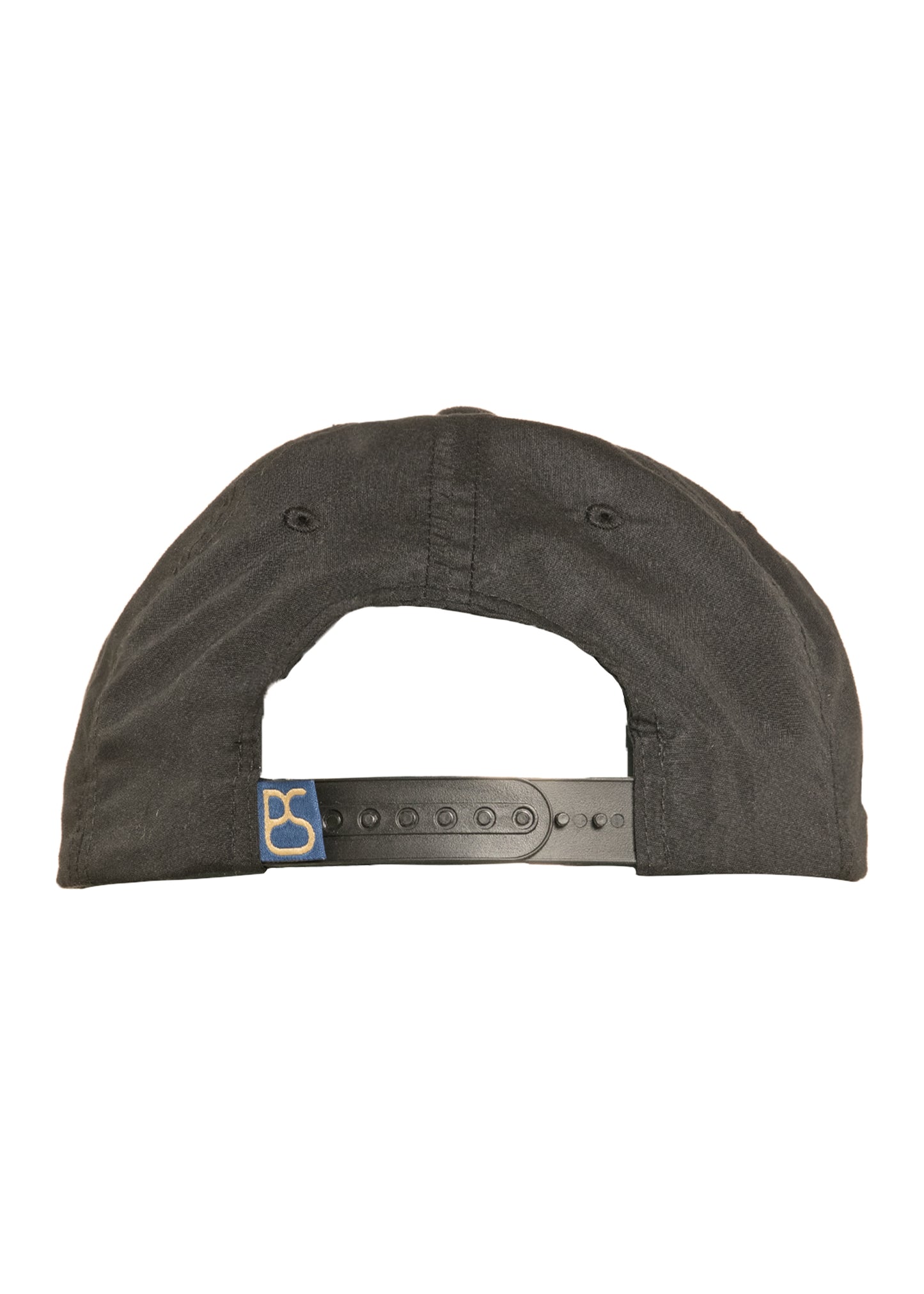 Black cap with a logo on the back against a white background