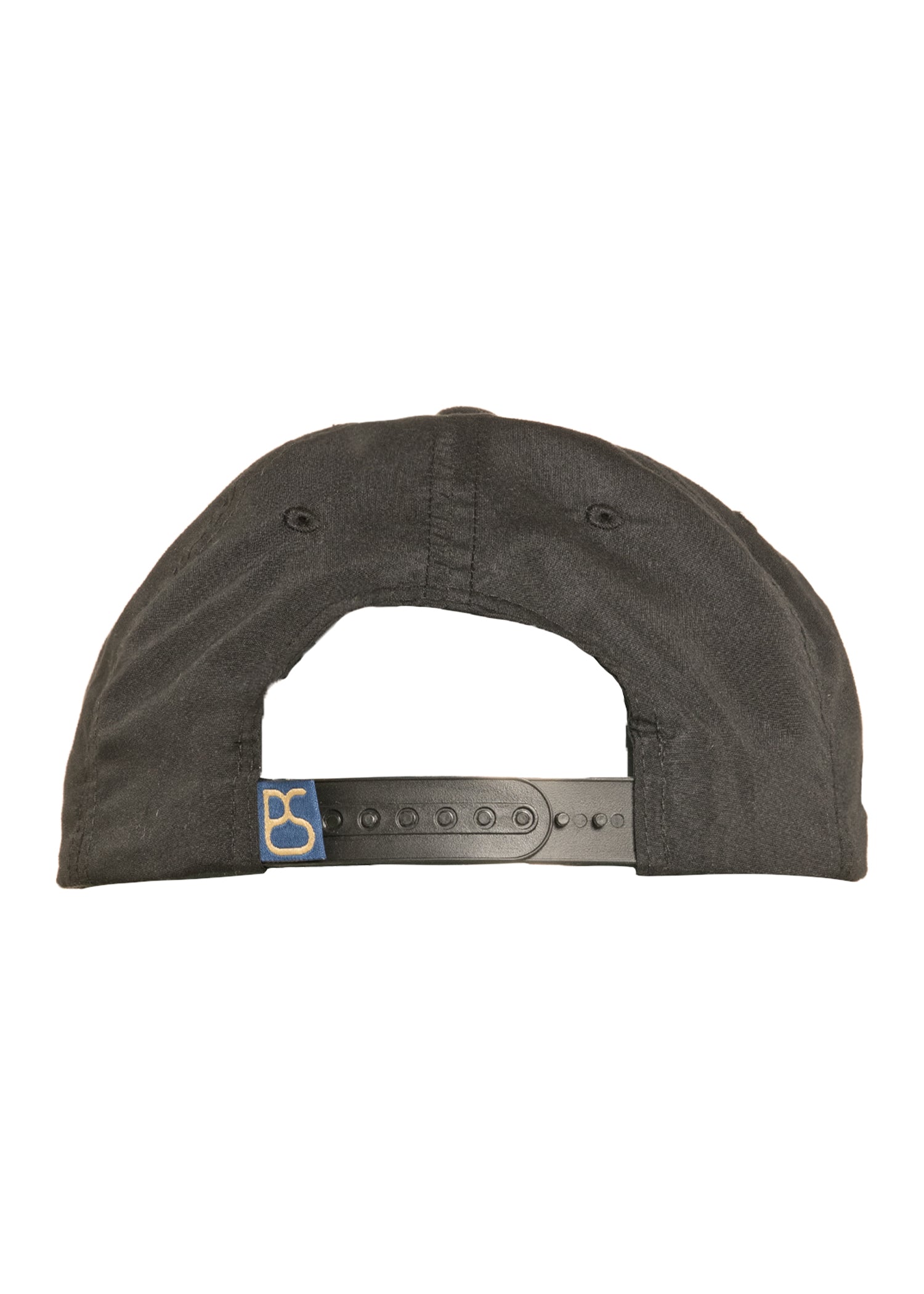 Black cap with a logo on the back against a white background