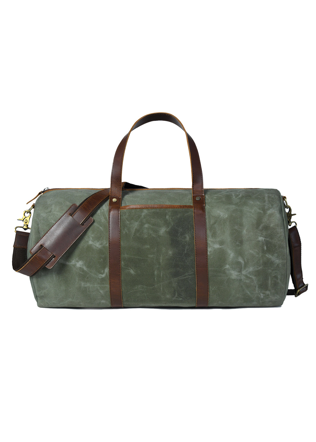 Green duffel bag with brown straps on a white background
