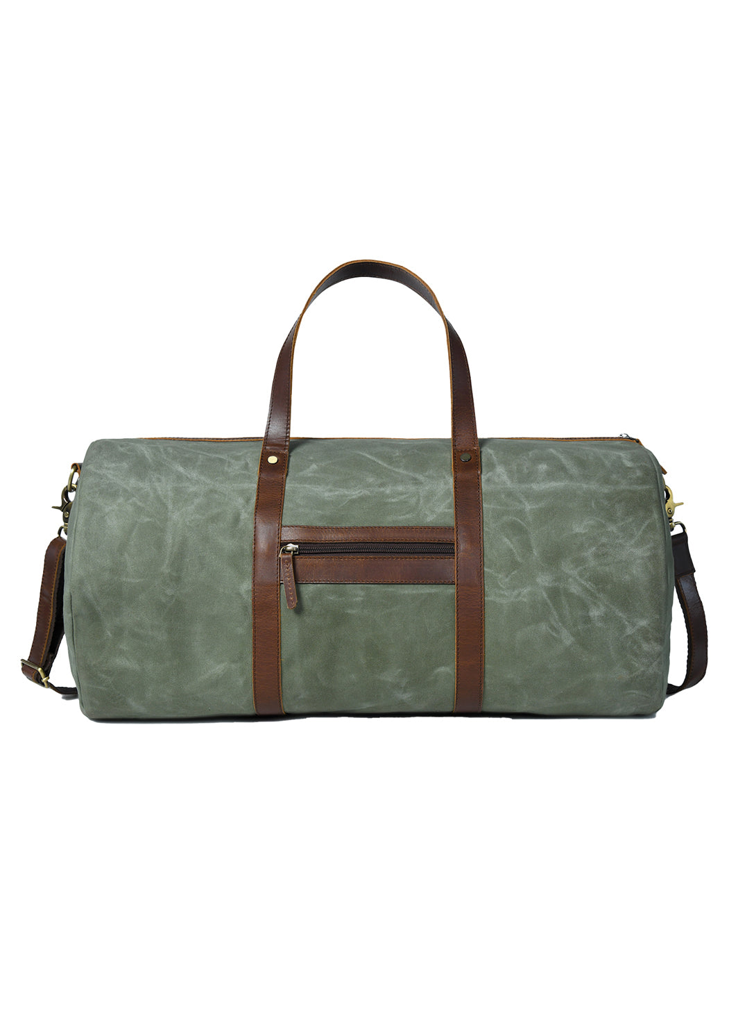 Green duffel bag with brown leather straps on a white background
