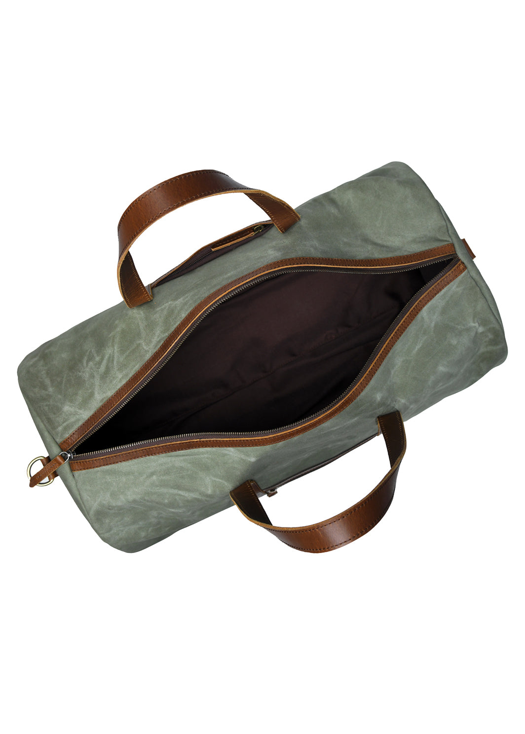 Green duffel bag with brown handles and zipper on a white background