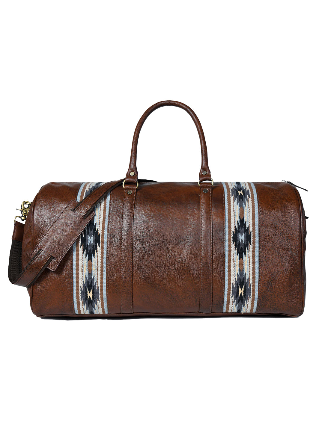 Brown leather duffel bag with patterned strap on a white background