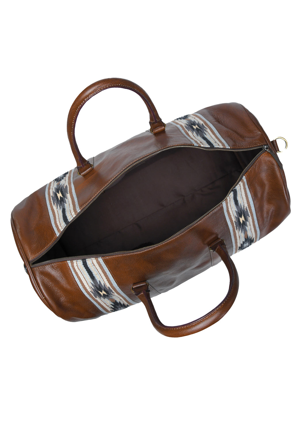 Brown leather duffel bag with patterned lining on a white background