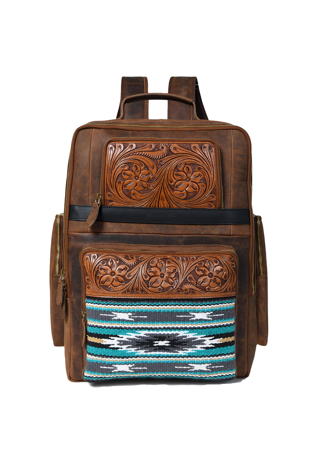 Brown leather backpack with intricate patterns and a colorful geometric design on a white background