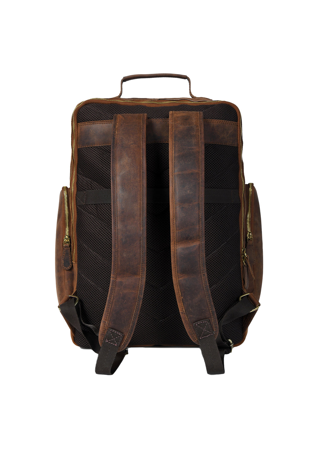 Brown leather backpack on a white background
