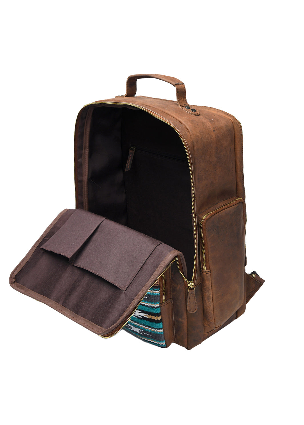 Brown leather backpack with open front pocket on a white background