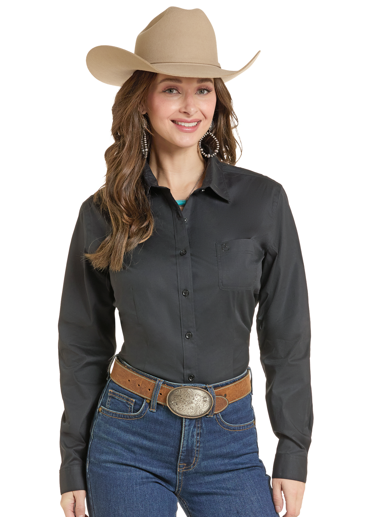 Woman wearing the Black Button Up Shirt.