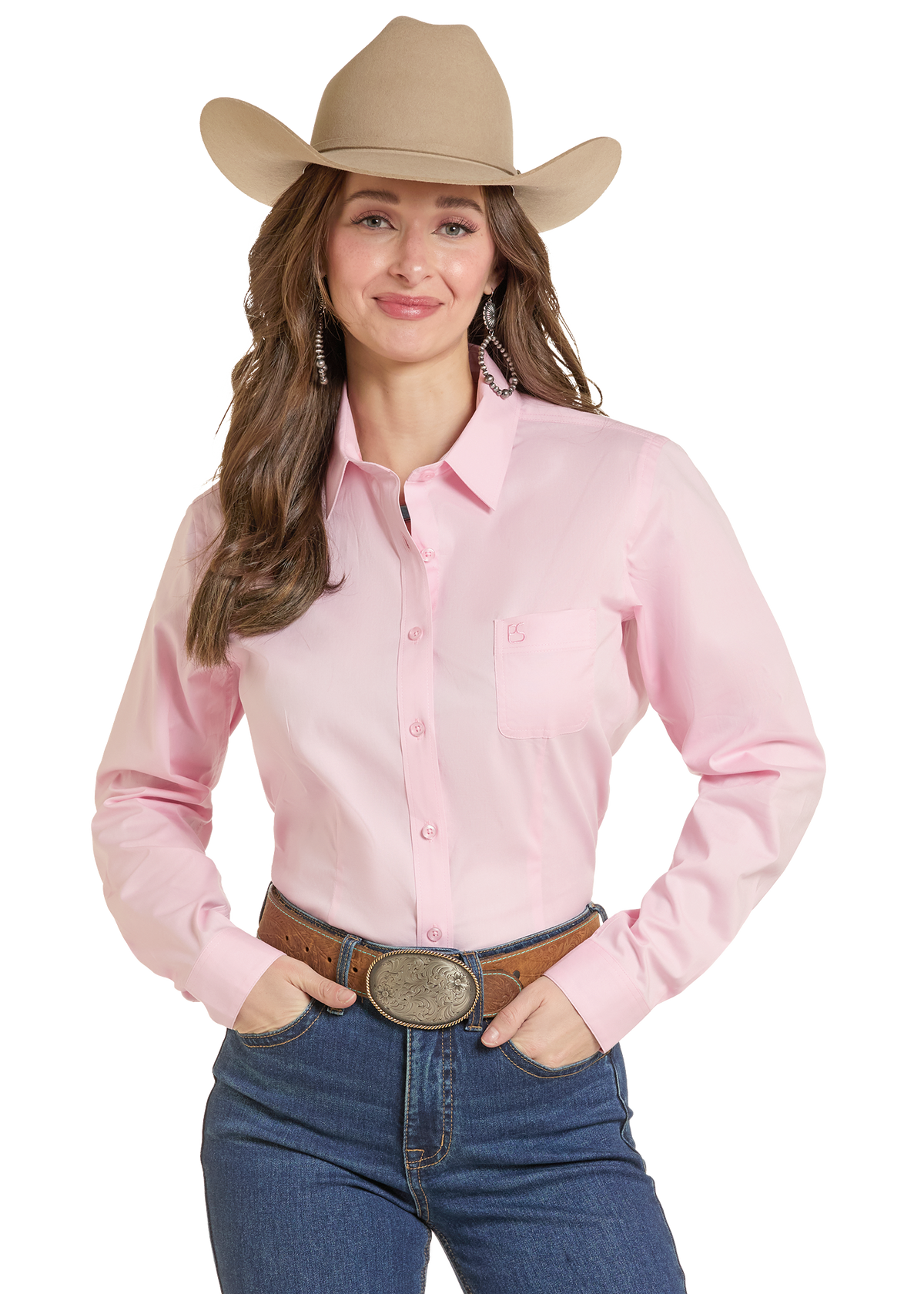 Woman wearing a pink button down shirt 
