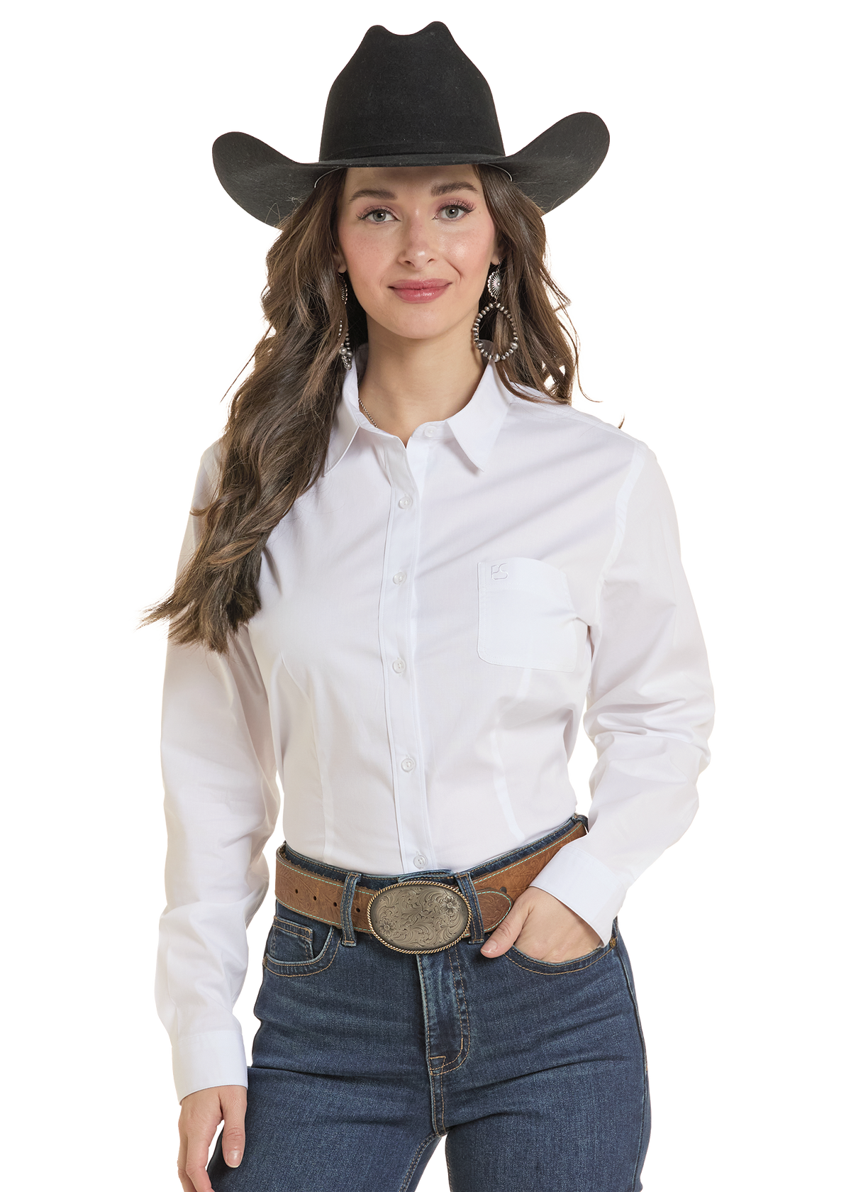 Woman wearing the white button up shirt 