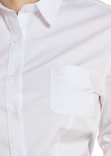 Close up of a chest pocket on the Women's white button up shirt. 