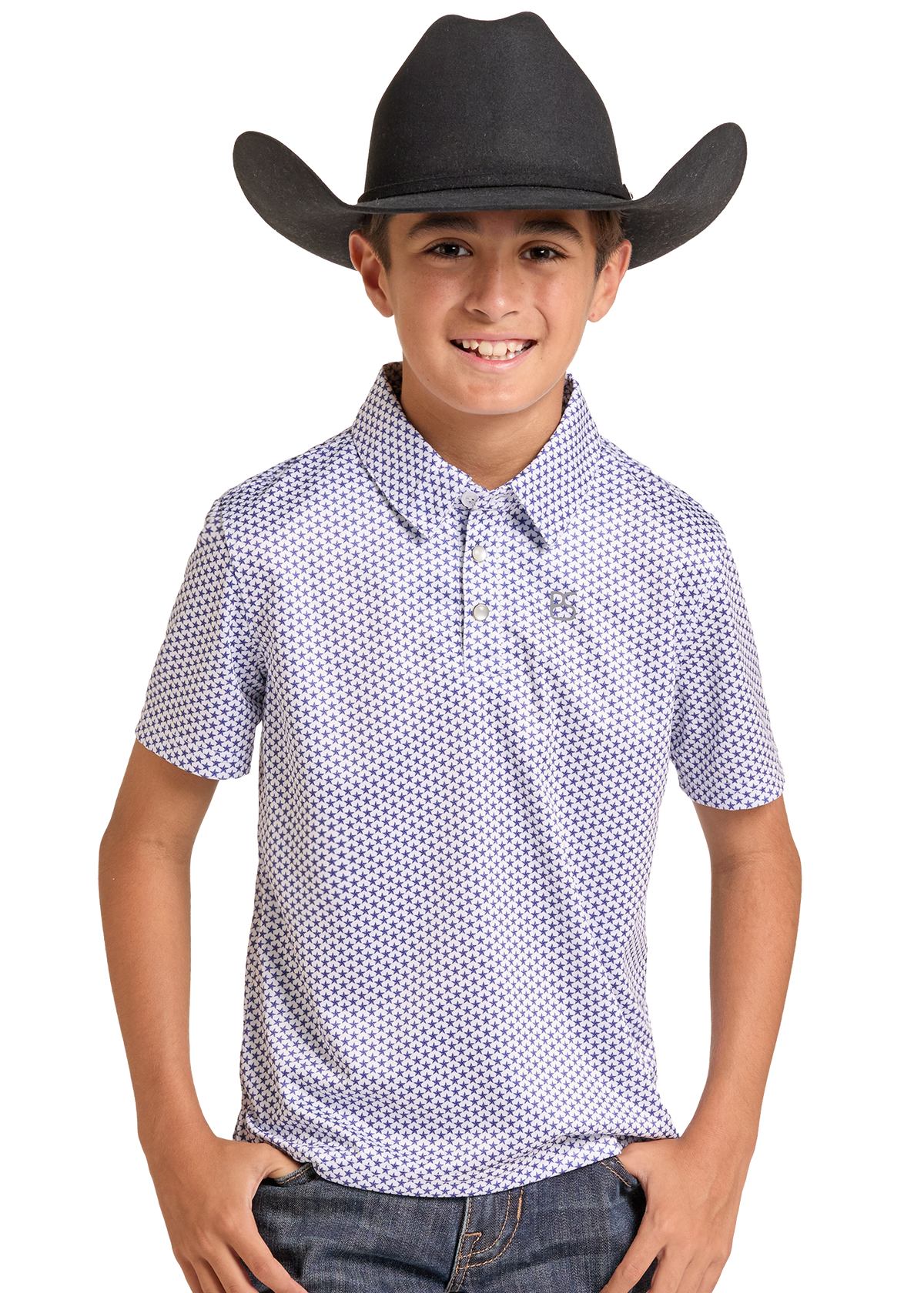 A young boy wearing a black cowboy hat, a short-sleeve collared polo shirt with a small repeating blue and white pattern, and blue jeans.