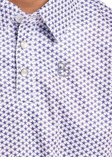 detail image of collared polo shirt with a small repeating blue and white pattern.