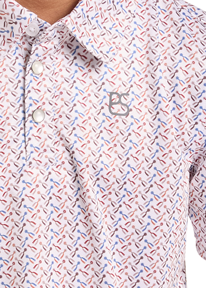 Close up of a boys printed pearl snap 
