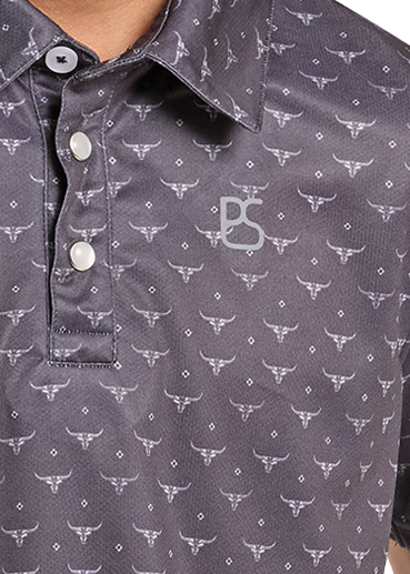 closeup of a Boys dark gray patterned polo shirt.