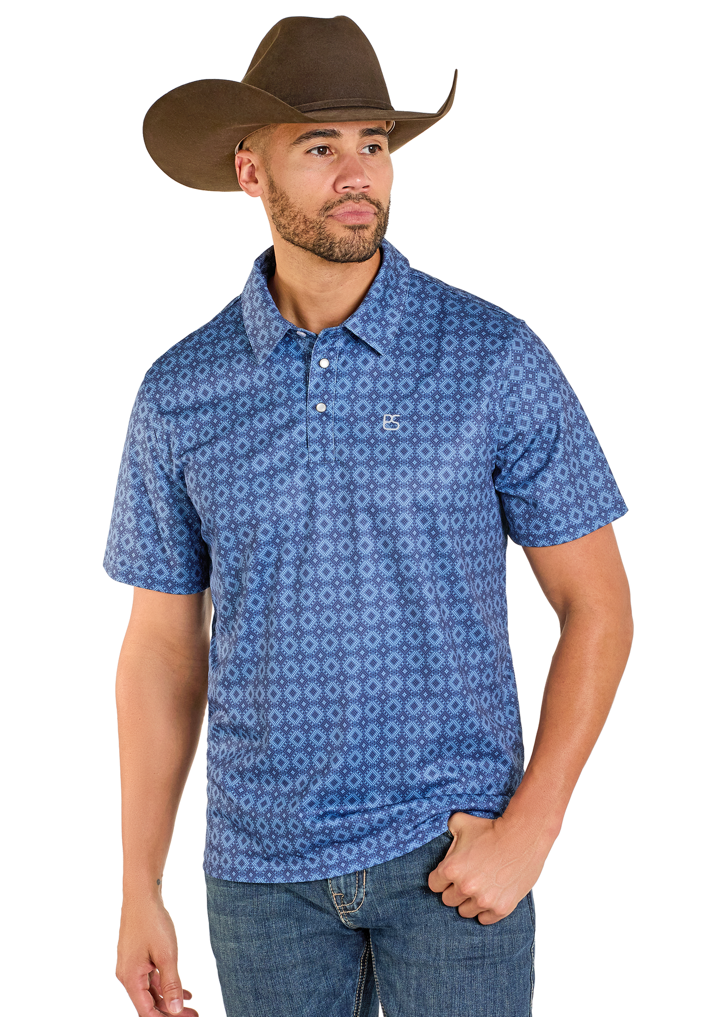 Man wearing a blue patterned polo shirt and brown cowboy hat on a white background