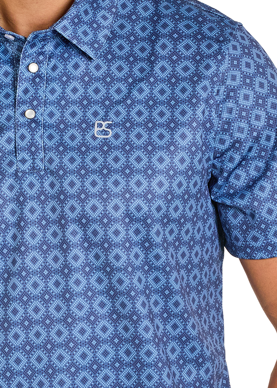 Blue patterned polo shirt with a brand logo on a white background