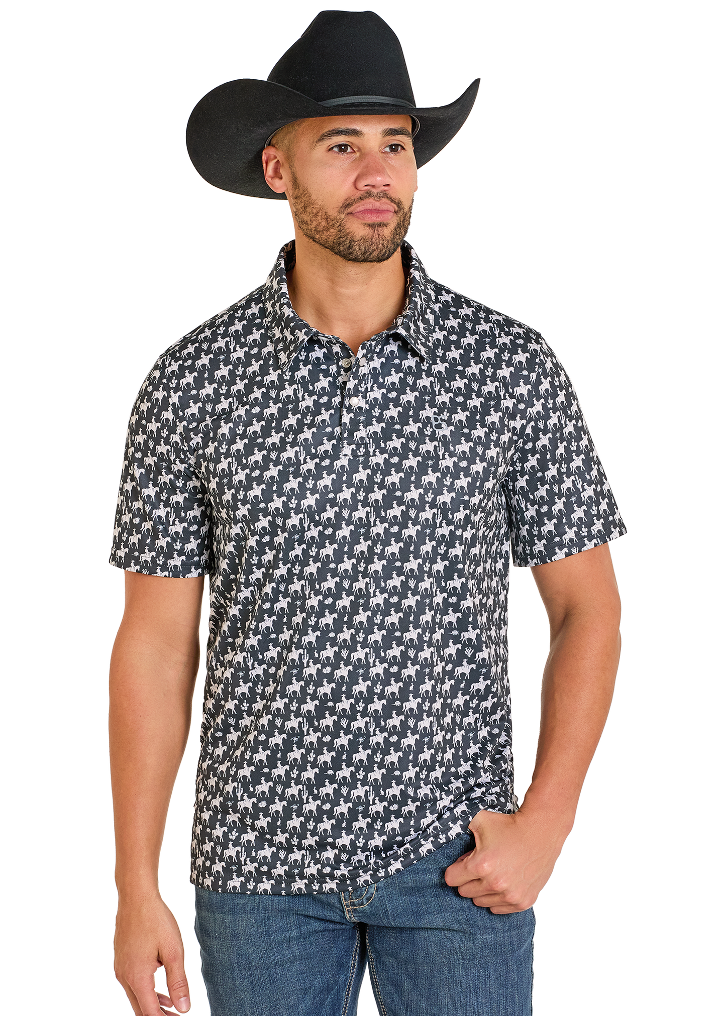 Man wearing a black cowboy hat and patterned shirt on a white background