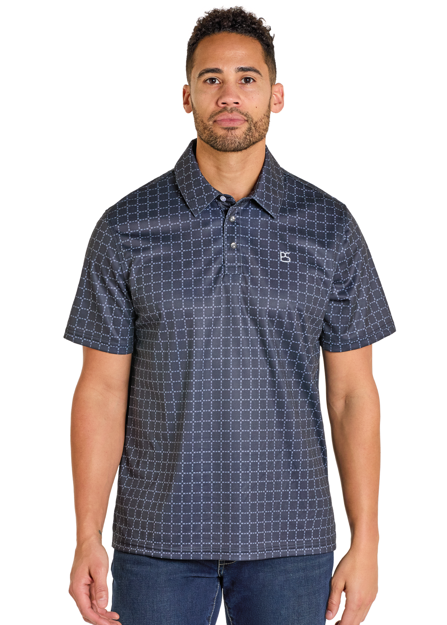Man wearing a patterned navy polo shirt on a white background