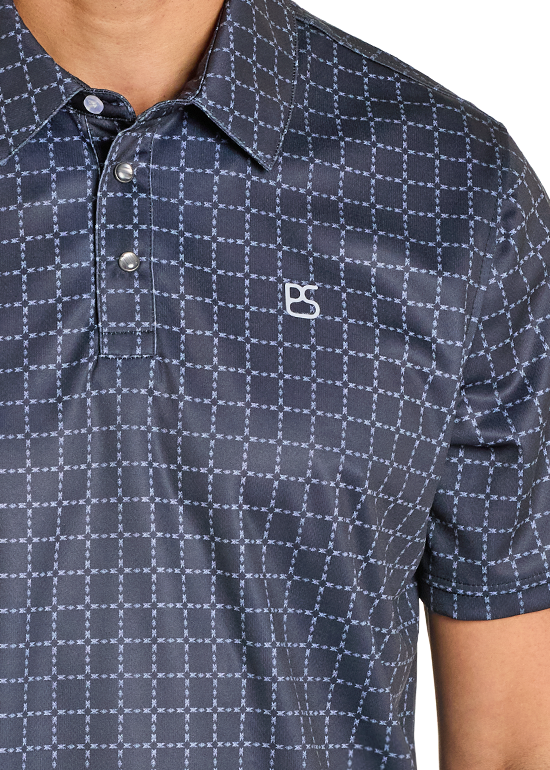Navy checkered polo shirt with a brand logo on a white background