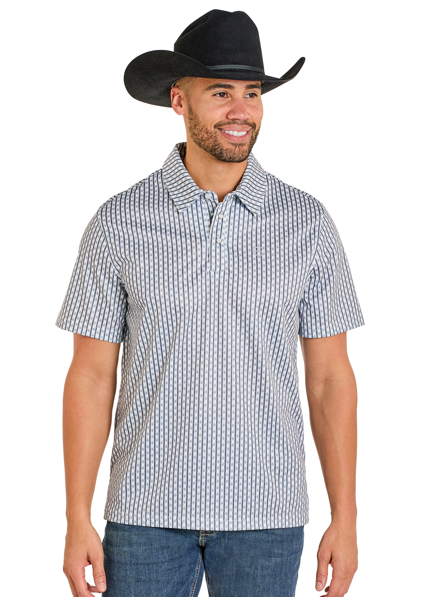 Man wearing a black cowboy hat and checkered shirt on a white background