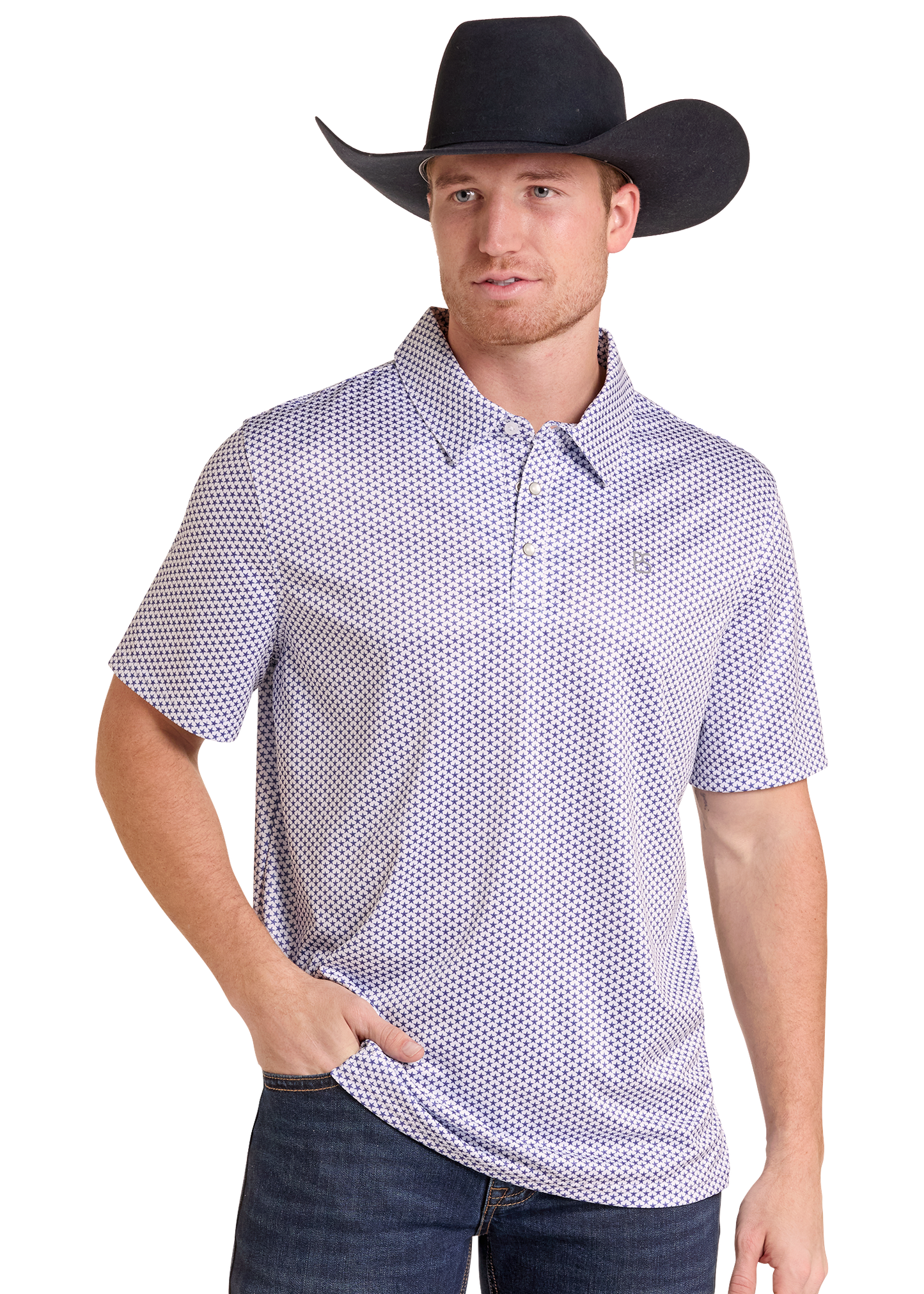 A man wearing a black cowboy hat, a short-sleeve button-up shirt with a star pattern in white and blue.
