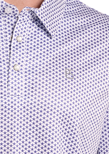 A Men's polo with a small repeating star pattern in white and blue.