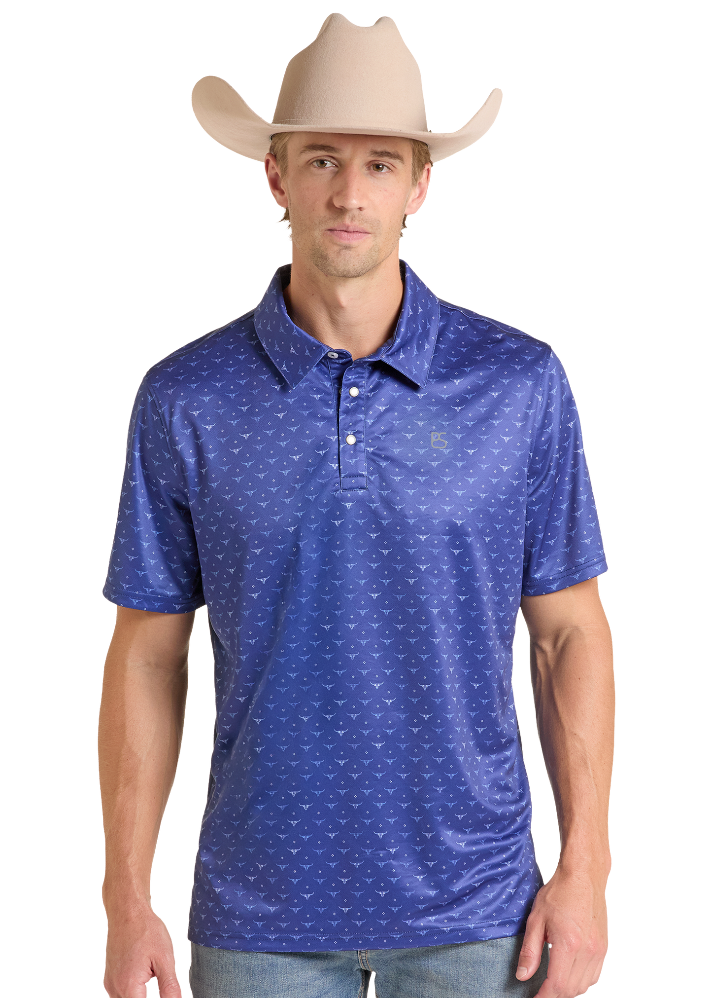 A man wearing a blue short-sleeve polo shirt with a subtle white dotted pattern, paired with a beige cowboy hat.