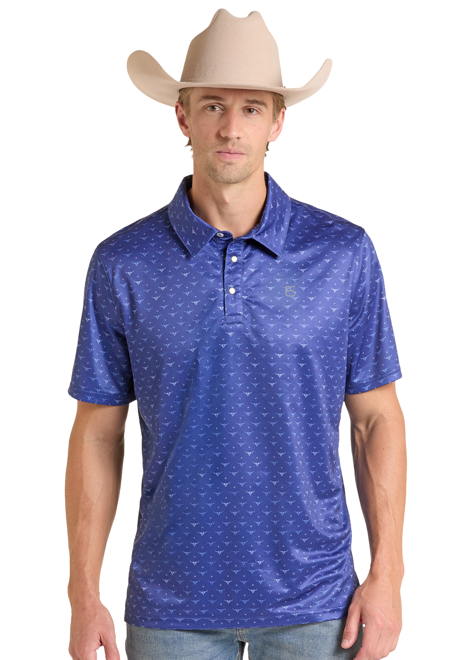 A man wearing a blue short-sleeve polo shirt with a subtle white dotted pattern, paired with a beige cowboy hat.