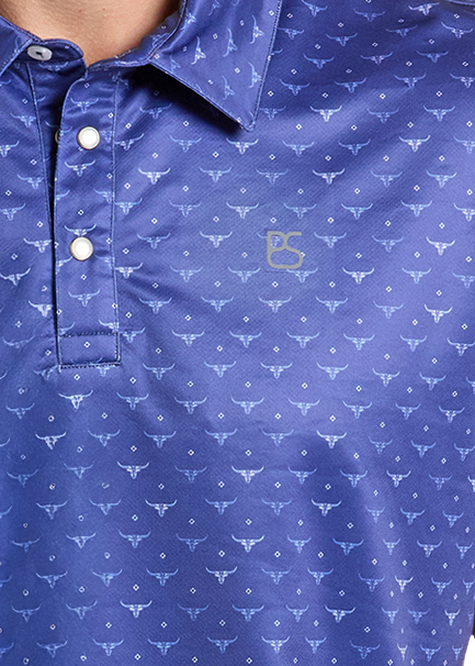 Close up of a short-sleeve polo shirt with a subtle longhorn pattern.
