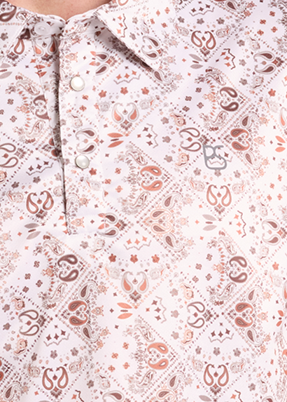 small brown and black paisley pattern polo close up detail 