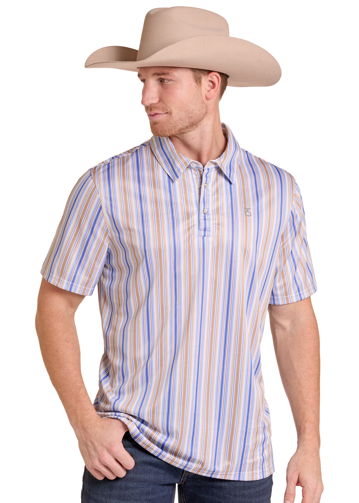 A man wearing a beige cowboy hat and a short-sleeve button-up shirt with vertical stripes in blue, orange, and white, paired with dark jeans, photographed against a solid white background.