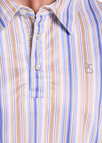 Close up of a short-sleeve polo shirt with vertical stripes in blue, orange, and white.