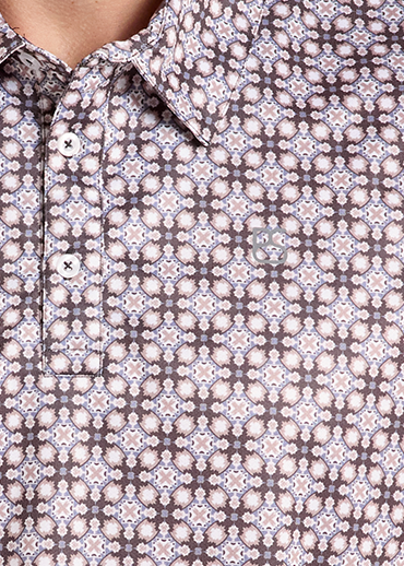 detail of a brown and white geometric patterned polo