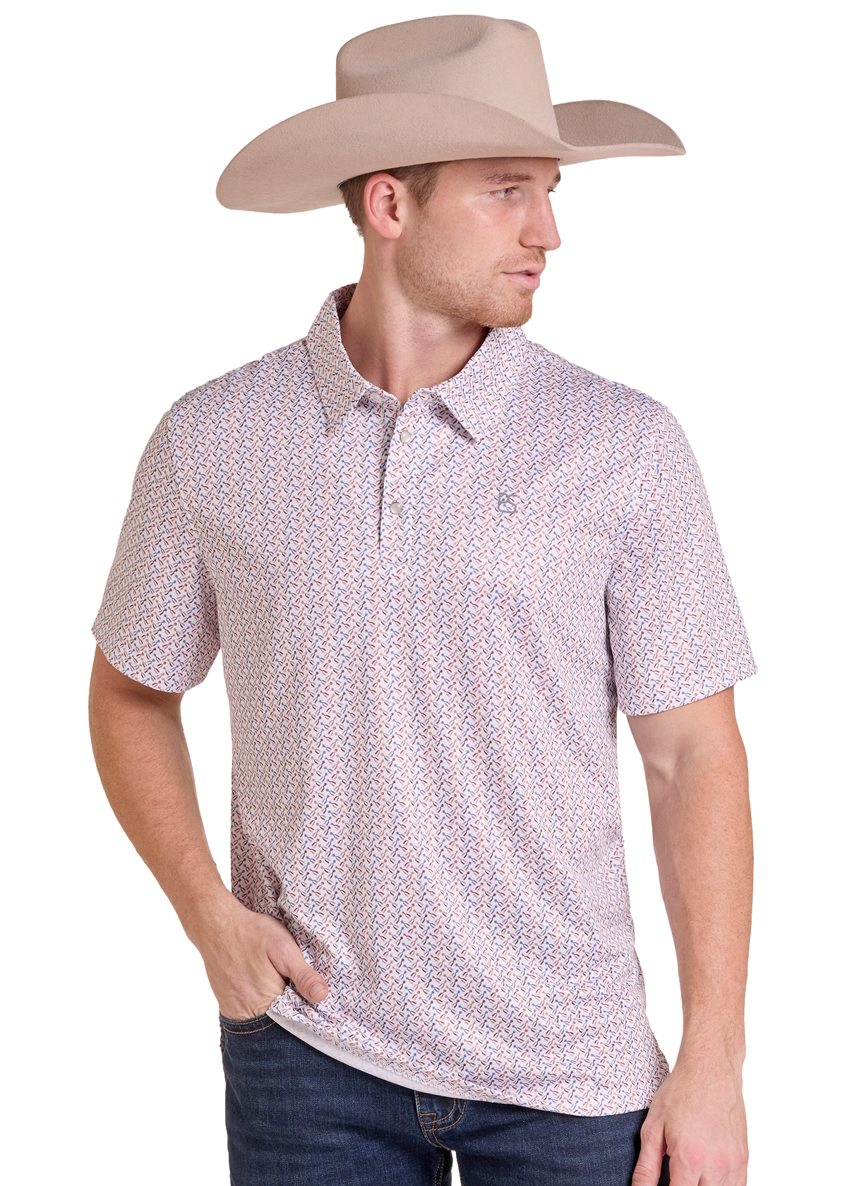 A man wearing a light beige cowboy hat and a short-sleeve polo shirt with a small geometric pattern in pink, blue, and white. He is shown in profile against a solid white background.