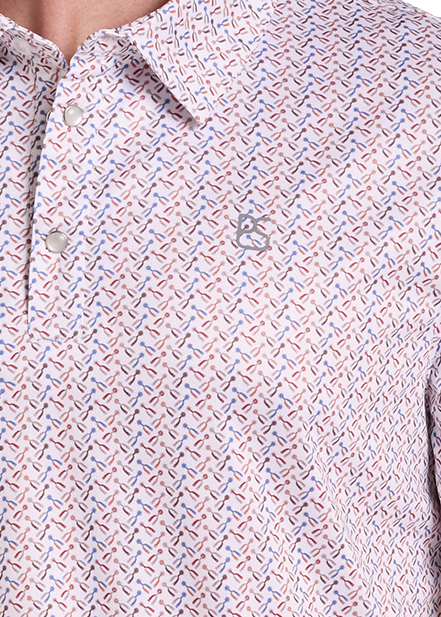 Close up of short-sleeve polo shirt with a small geometric pattern in pink, blue, and white.
