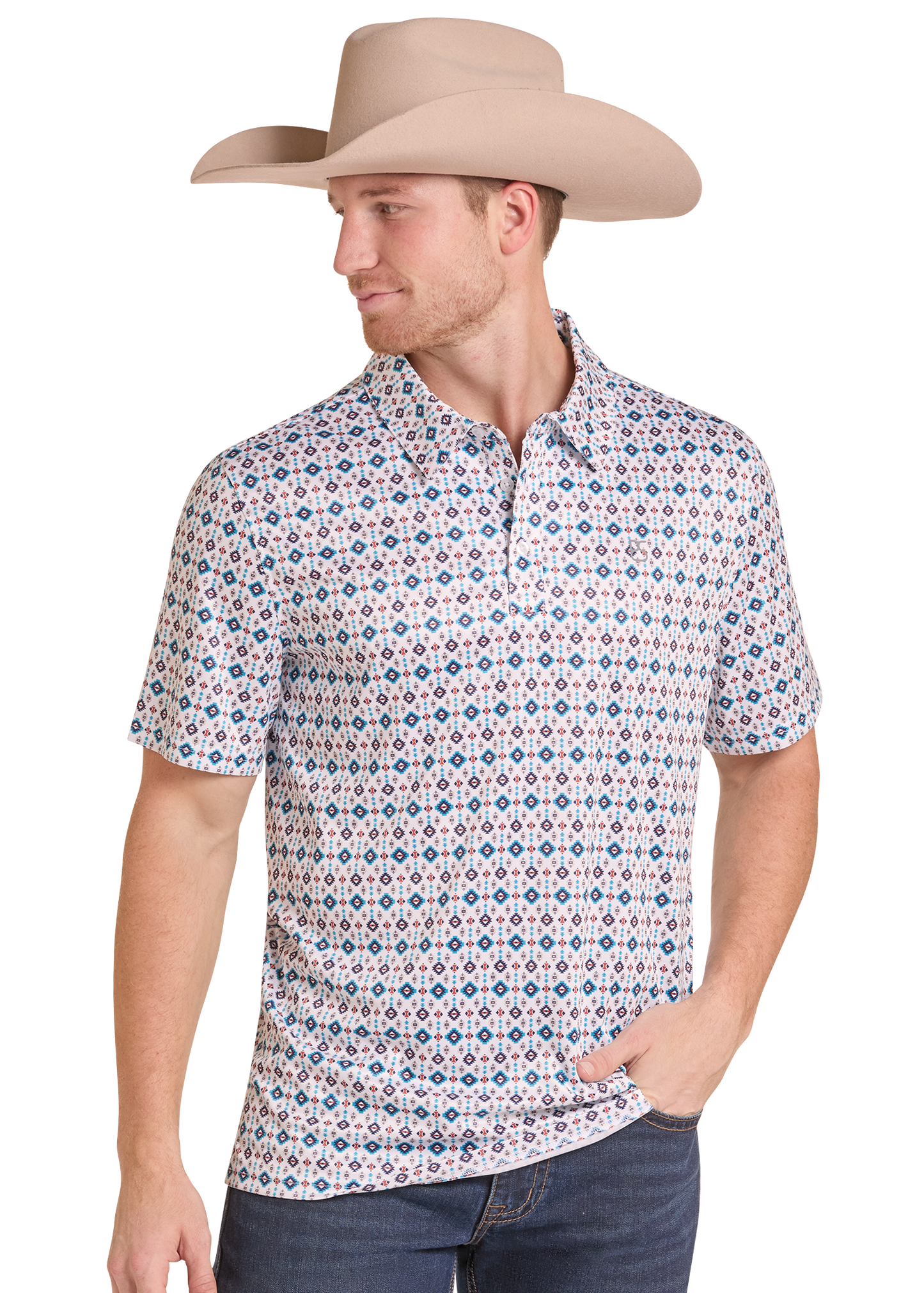 A man wearing a beige cowboy hat and a short-sleeve button-up shirt with a blue, red, and white geometric pattern, paired with dark blue jeans, set against a plain white background.