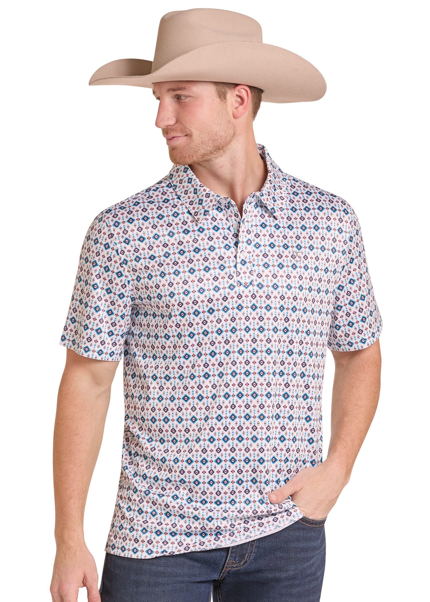 A man wearing a beige cowboy hat and a short-sleeve button-up shirt with a blue, red, and white geometric pattern, paired with dark blue jeans, set against a plain white background.