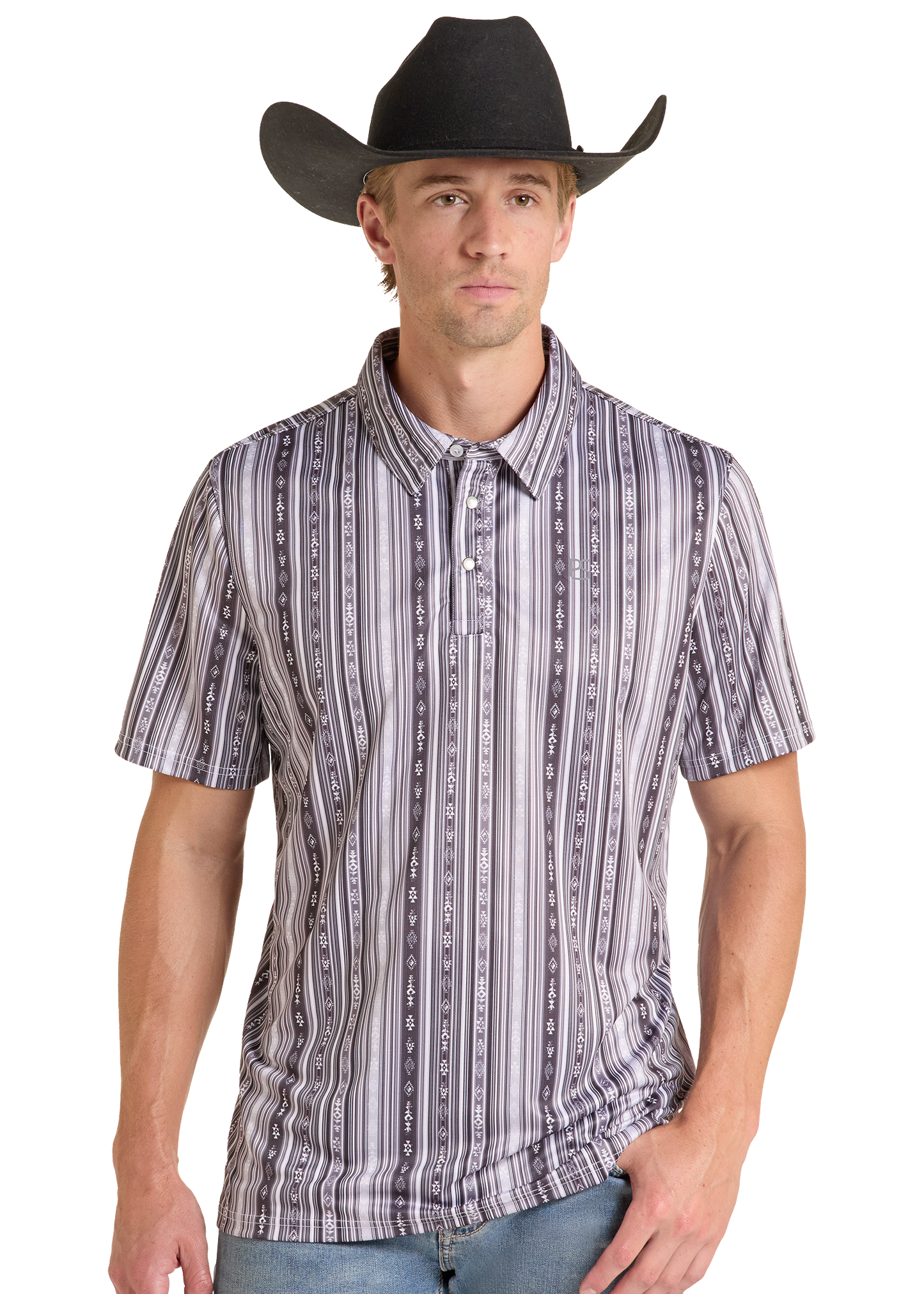 A man wearing a short-sleeve button-up shirt with vertical gray, white, and black patterned stripes, paired with a black cowboy hat and light blue jeans, against a plain white background.