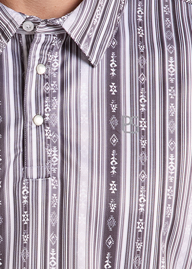 close up of a short-sleeve button-up polo with vertical gray, white, and black patterned stripes.
