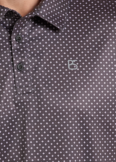 dark brown short-sleeve polo shirt with a white micro-dot pattern.