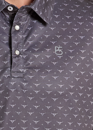 Detail of a dark gray short-sleeve polo shirt with a small repeating white pattern.