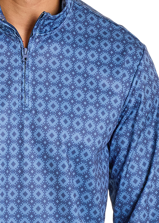 Close-up of a blue patterned long-sleeve shirt