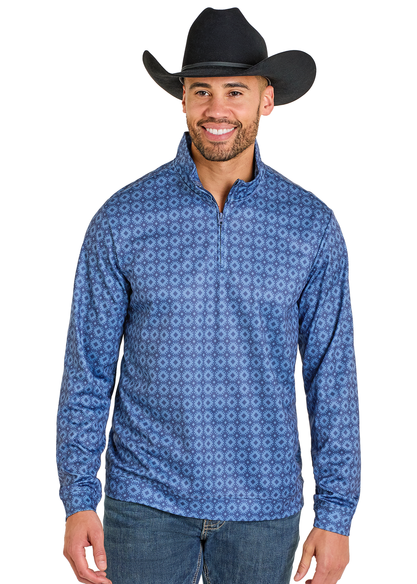 Man wearing a blue patterned shirt and black cowboy hat on a white background