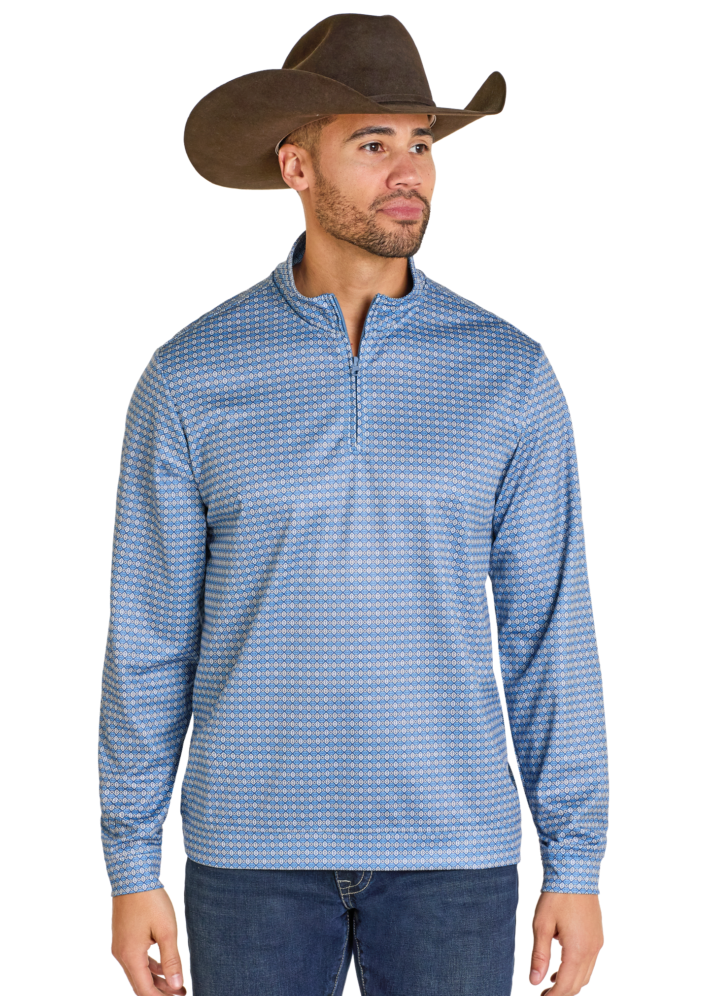 Man wearing a blue patterned shirt and brown cowboy hat on a white background