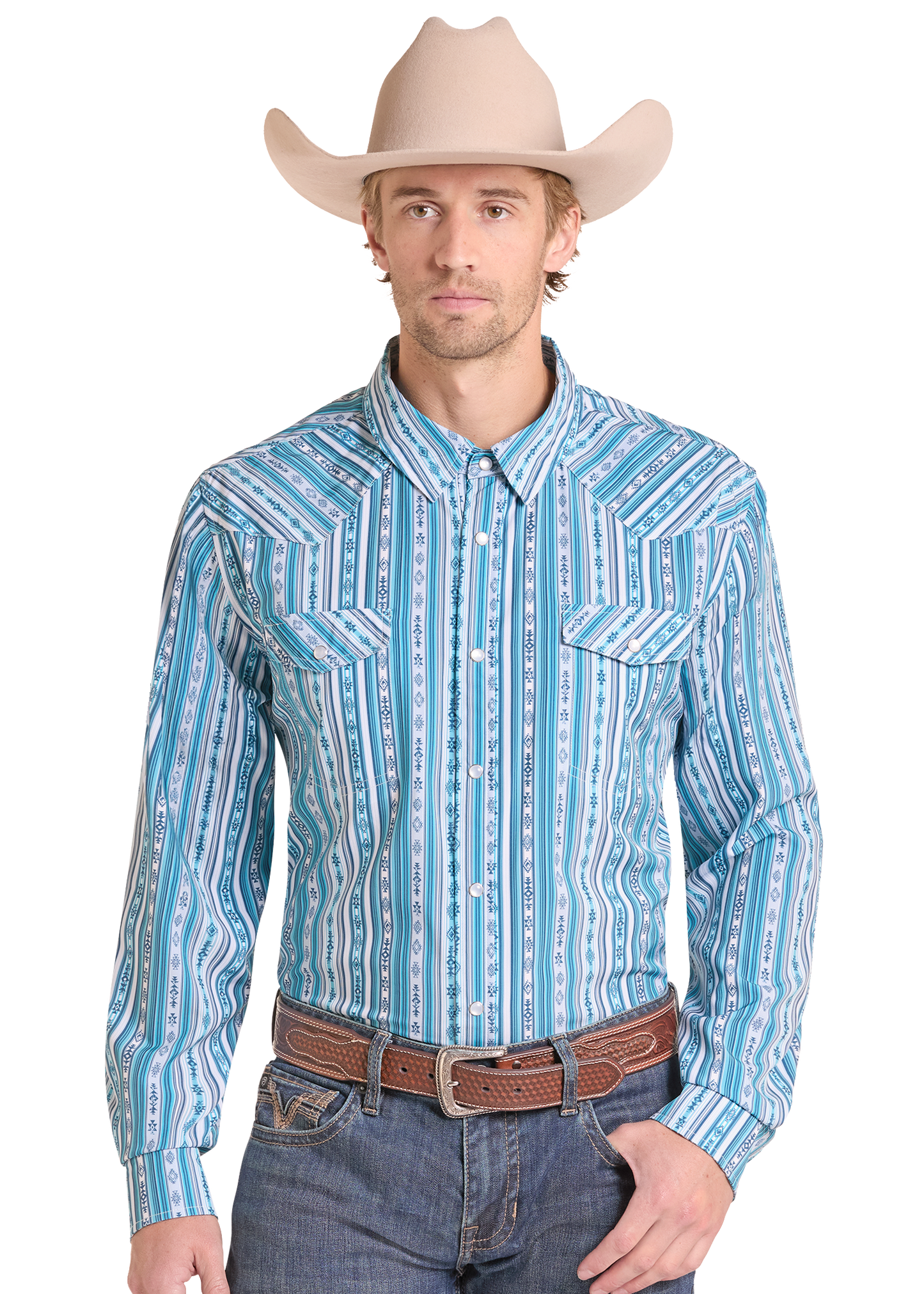 A man wearing a light blue and white vertically patterned western long-sleeve shirt, a beige cowboy hat, and a brown leather belt, photographed against a plain white background.