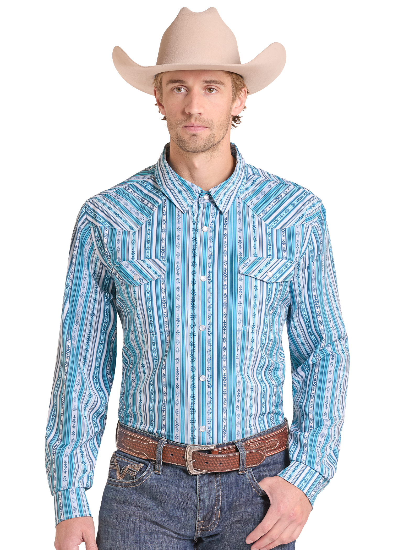 A man wearing a light blue and white vertically patterned western long-sleeve shirt, a beige cowboy hat, and a brown leather belt, photographed against a plain white background.